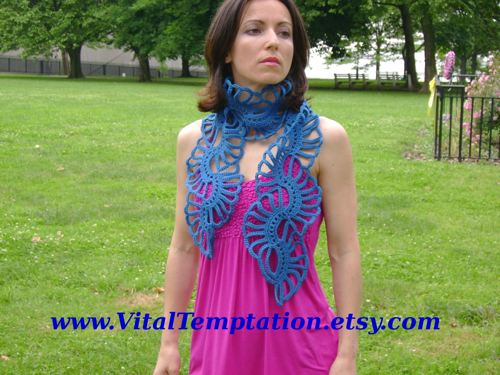 			Tropical flower inspired Crochet blue lace scarf cowl scarflette neckwarmer